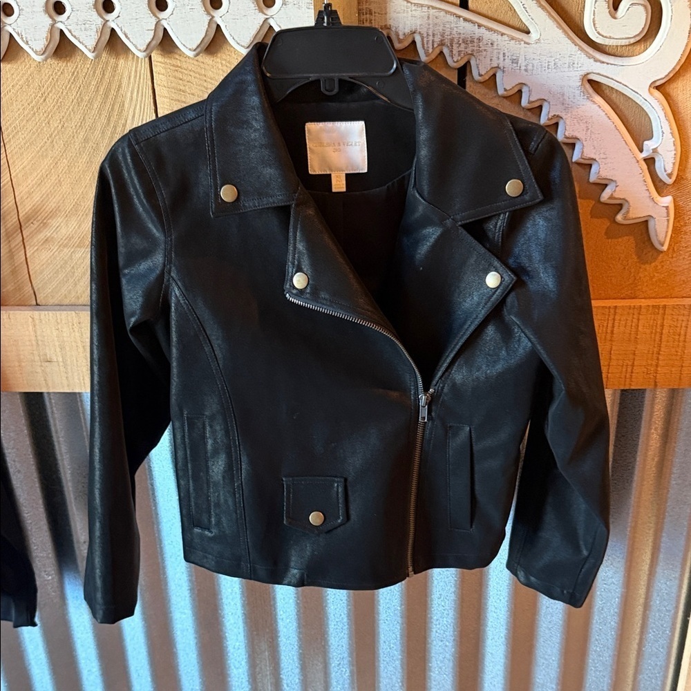 Chelsea & Violet Black Leather Jacket with Gold Buttons